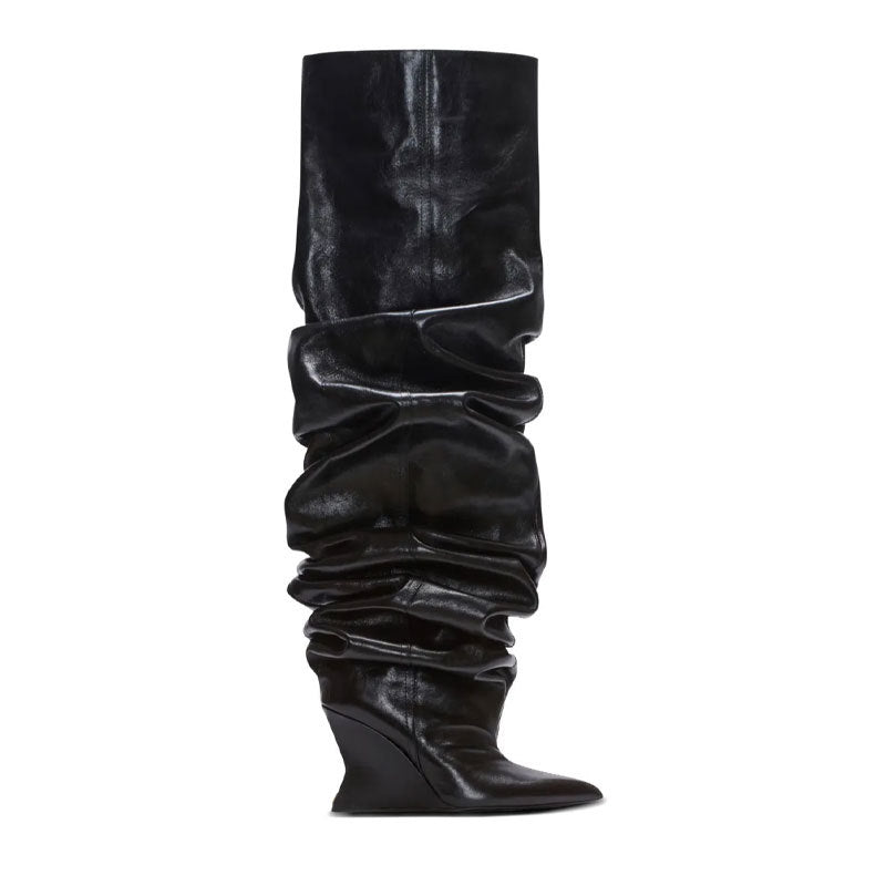Catwalk Pleated Over-the-knee Boots Female Pointed Toe Wedge High-heel Boots